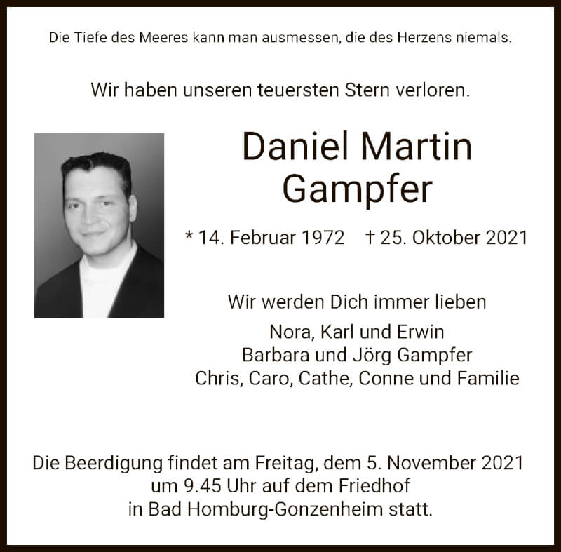  Traueranzeige für Daniel Martin Gampfer vom 30.10.2021 aus FNP