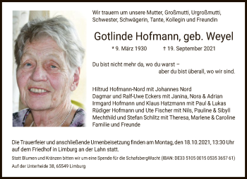 Traueranzeige von Gotlinde Hofmann von FNP