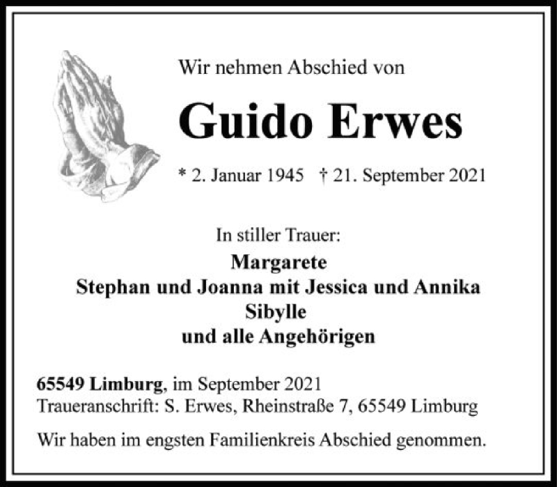  Traueranzeige für Guido Erwes vom 02.10.2021 aus FNP