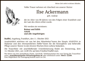 Traueranzeige von Ilse Ackermann von FNP