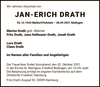 Traueranzeige von Jan-Erich Drath von Hildesheimer Allgemeine Zeitung