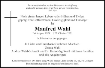 Traueranzeige von Manfred Wahl von FNP