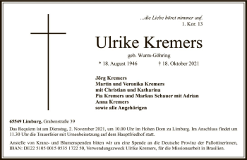 Traueranzeige von Ulrike Kremers von FNP