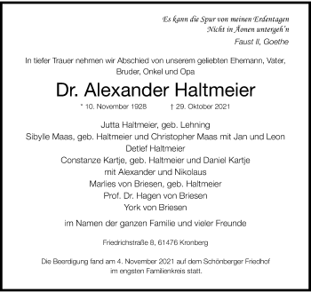 Traueranzeige von Alexander Haltmeier von FNP