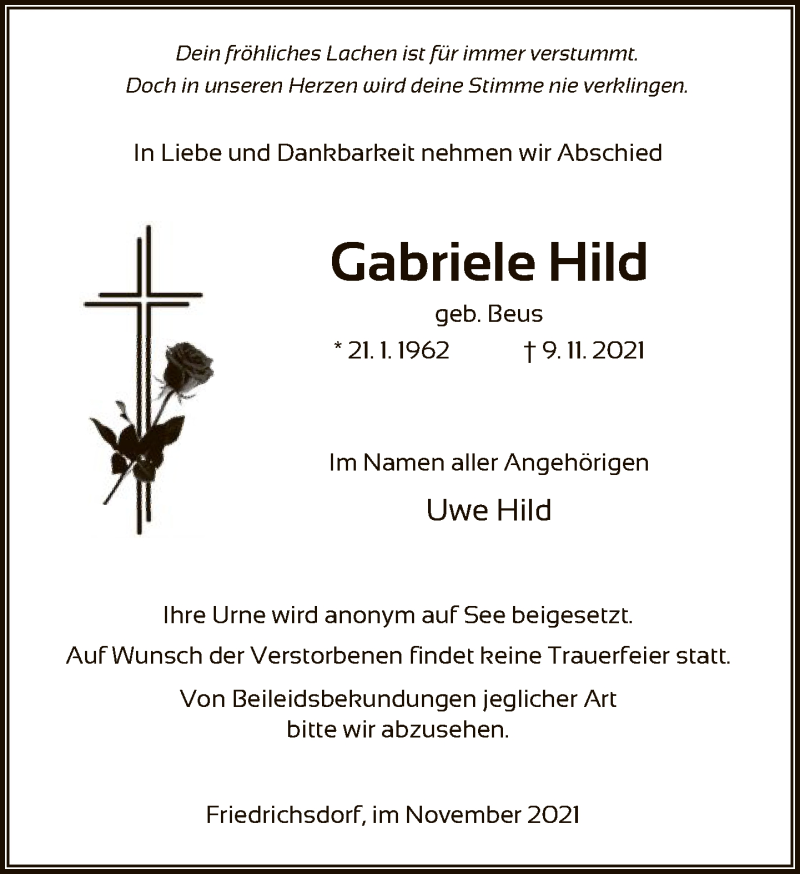  Traueranzeige für Gabriele Hild vom 20.11.2021 aus FNP