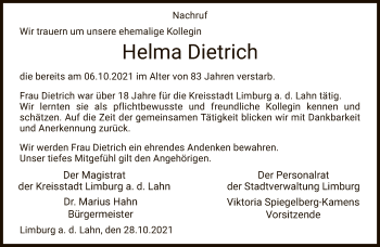 Traueranzeige von Helma Dietrich von FNP