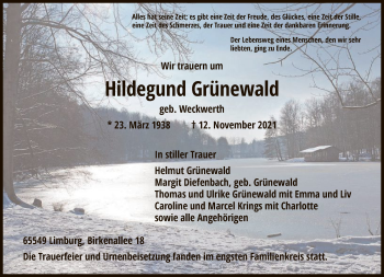 Traueranzeige von Hildegund Grünewald von FNP