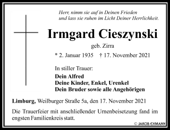 Traueranzeige von Irmgard Cieszynski von FNP