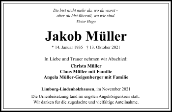 Traueranzeige von Jakob Müller von FNP