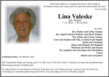 Traueranzeige von Lina Valeske von FNP