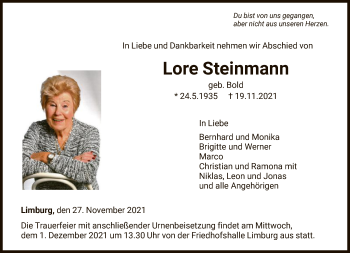 Traueranzeige von Lore Steinmann von FNP