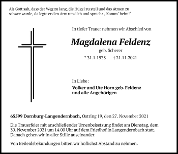 Traueranzeige von Magdalena Feldenz von FNP