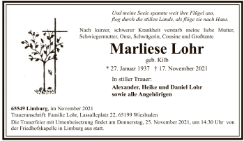 Traueranzeige von Marliese Lohr von FNP