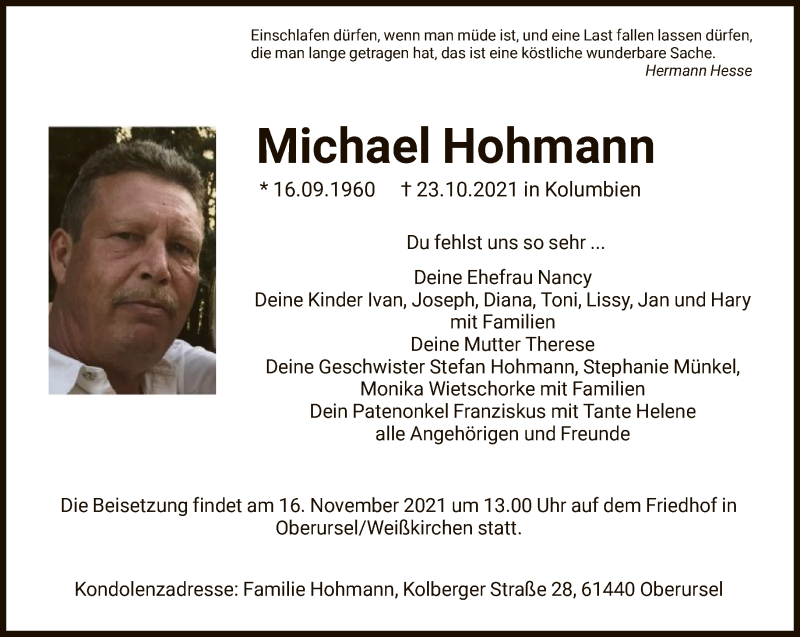  Traueranzeige für Michael Hohmann vom 13.11.2021 aus FNP