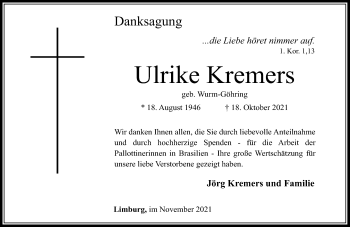 Traueranzeige von Ulrike Kremers von FNP