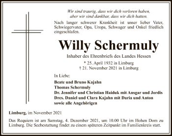 Traueranzeige von Willy Schermuly von FNP