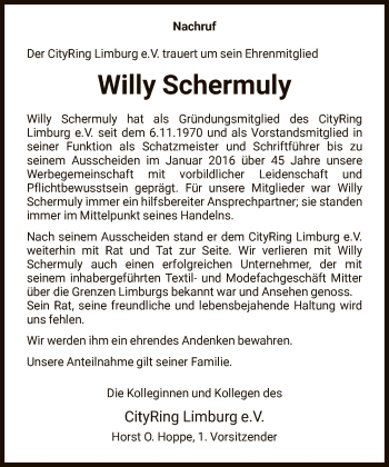 Traueranzeige von Willy Schermuly von FNP