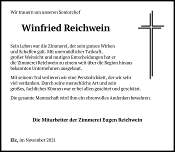 Traueranzeige von Winfried Reichwein von FNP