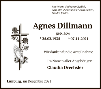 Traueranzeige von Agnes Dillmann von FNP