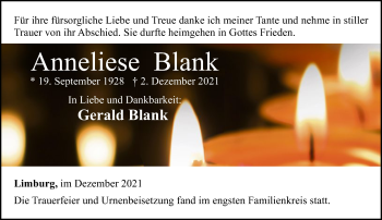 Traueranzeige von Anneliese Blank von FNP