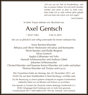 Traueranzeige von Axel Gentsch von FNP