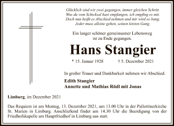 Traueranzeige von Hans Stangier von FNP