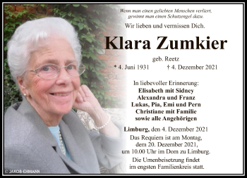 Traueranzeige von Klara Zumkier von FNP