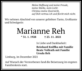 Traueranzeige von Marianne Reh von FNP