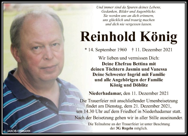  Traueranzeige für Reinhold König vom 18.12.2021 aus FNP