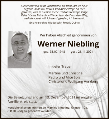 Traueranzeige von Werner Niebling von FNP