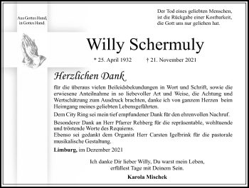 Traueranzeige von Willy Schermuly von FNP