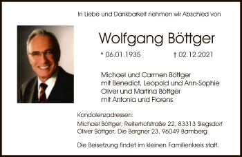 Traueranzeige von Wolfgang Böttger von FNP