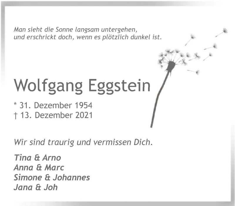  Traueranzeige für Wolfgang Eggstein vom 18.12.2021 aus FNP