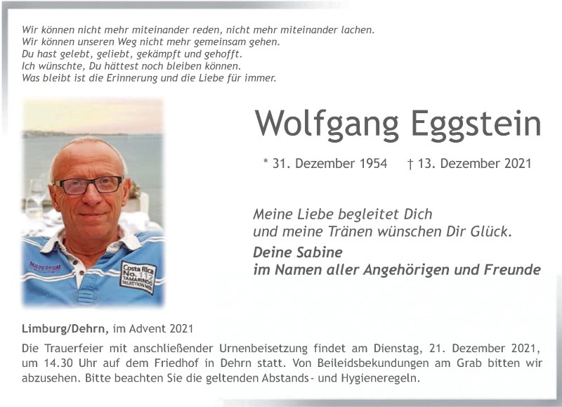  Traueranzeige für Wolfgang Eggstein vom 18.12.2021 aus FNP