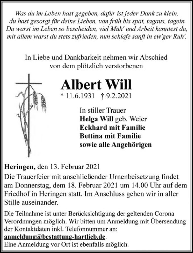  Traueranzeige für Albert Will vom 13.02.2021 aus FNP