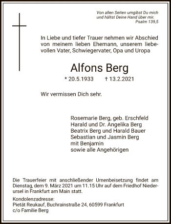 Traueranzeige von Alfons Berg von FNP