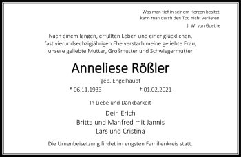 Traueranzeige von Anneliese Rößler von FNP