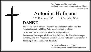 Traueranzeige von Antonius Hofmann von FNP