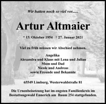 Traueranzeige von Artur Altmaier von FNP