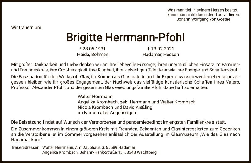  Traueranzeige für Brigitte Herrmann-Pfohl vom 20.02.2021 aus FNP