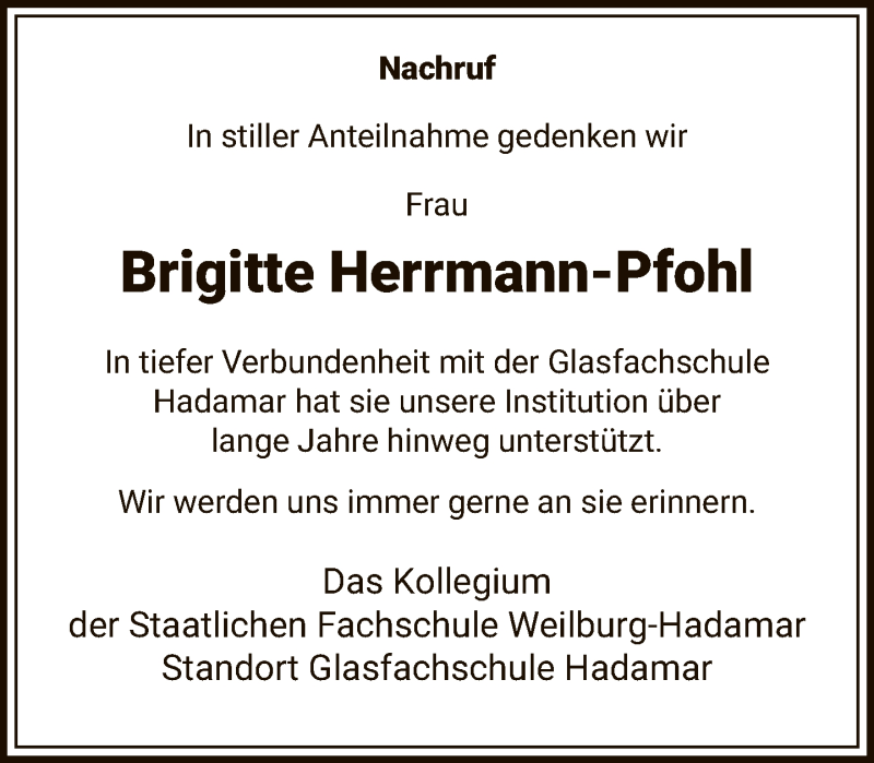  Traueranzeige für Brigitte Herrmann-Pfohl vom 27.02.2021 aus FNP