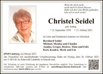 Traueranzeige von Christel Seidel von FNP