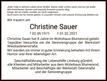 Traueranzeige von Christine Sauer von FNP