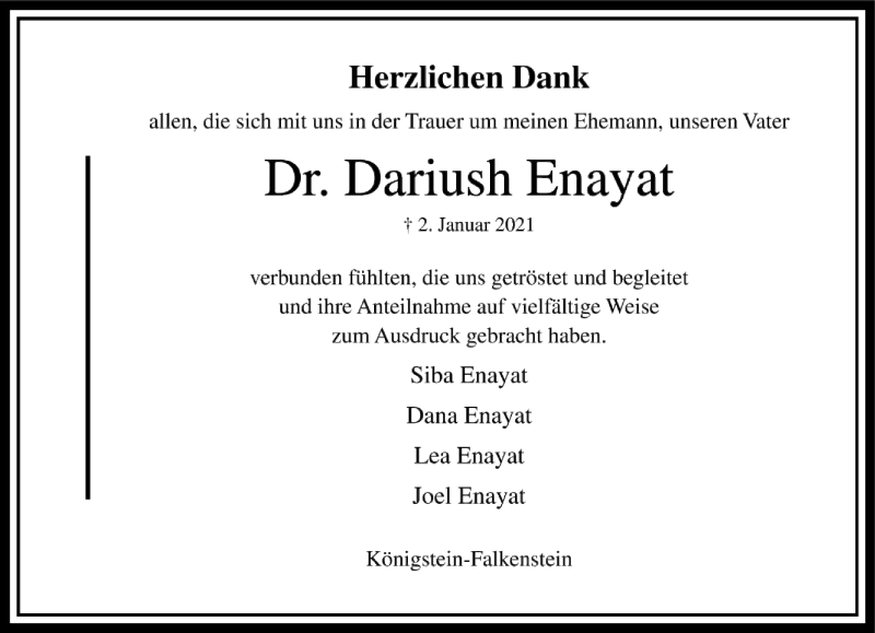  Traueranzeige für Dariush Enayat vom 20.02.2021 aus FNP