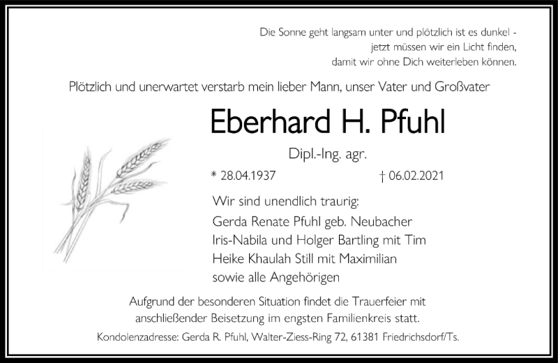  Traueranzeige für Eberhard Pfuhl vom 13.02.2021 aus FNP