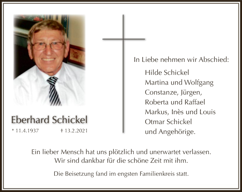  Traueranzeige für Eberhard Schickel vom 20.02.2021 aus FNP