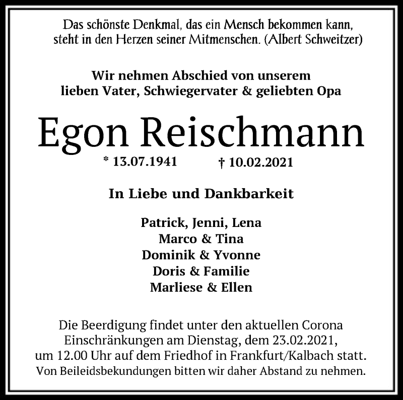  Traueranzeige für Egon Reischmann vom 20.02.2021 aus FNP
