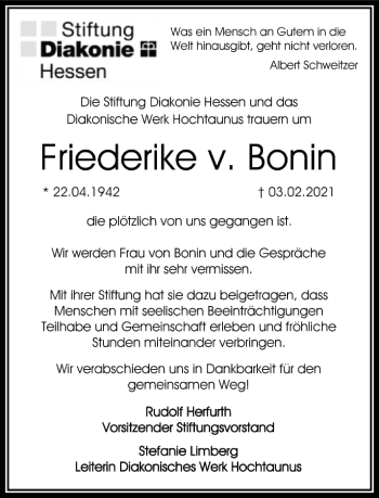Traueranzeige von Friederike Bonin von FNP