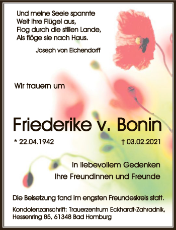 Traueranzeige von Friederike Bonin von FNP