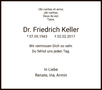 Traueranzeige von Friedrich Keller von FNP